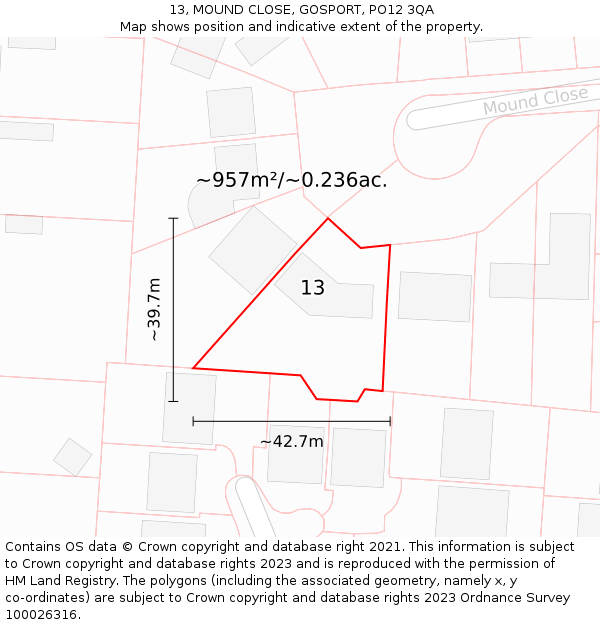 13, MOUND CLOSE, GOSPORT, PO12 3QA: Plot and title map