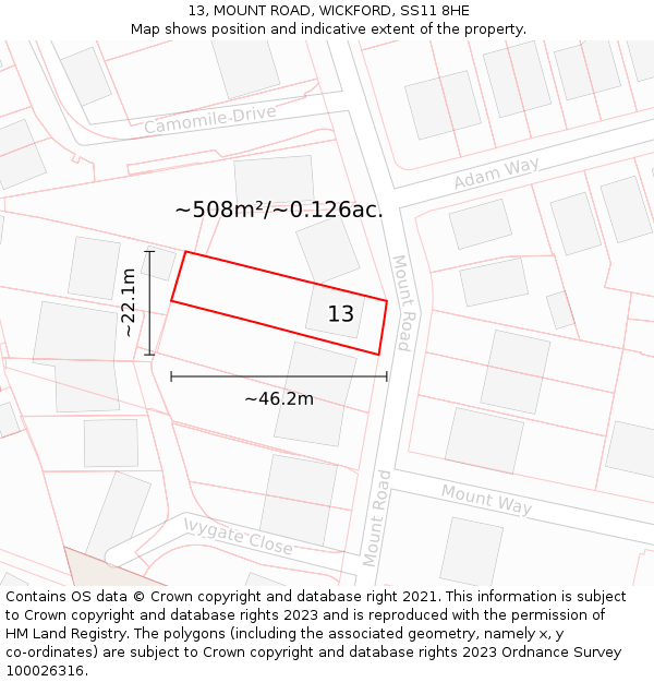 13, MOUNT ROAD, WICKFORD, SS11 8HE: Plot and title map