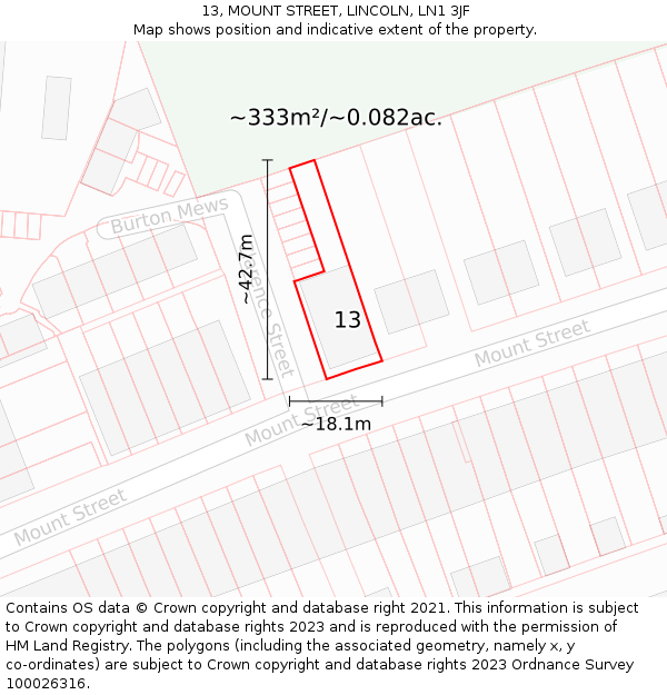 13, MOUNT STREET, LINCOLN, LN1 3JF: Plot and title map