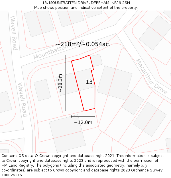 13, MOUNTBATTEN DRIVE, DEREHAM, NR19 2SN: Plot and title map