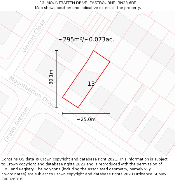 13, MOUNTBATTEN DRIVE, EASTBOURNE, BN23 6BE: Plot and title map