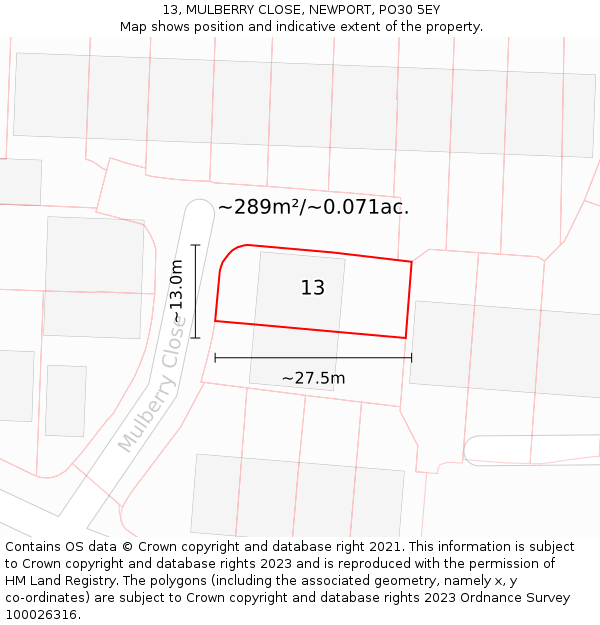 13, MULBERRY CLOSE, NEWPORT, PO30 5EY: Plot and title map