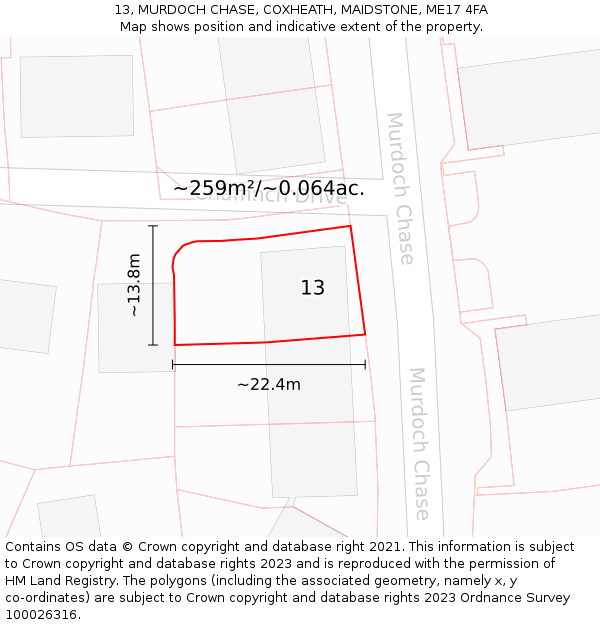 13, MURDOCH CHASE, COXHEATH, MAIDSTONE, ME17 4FA: Plot and title map