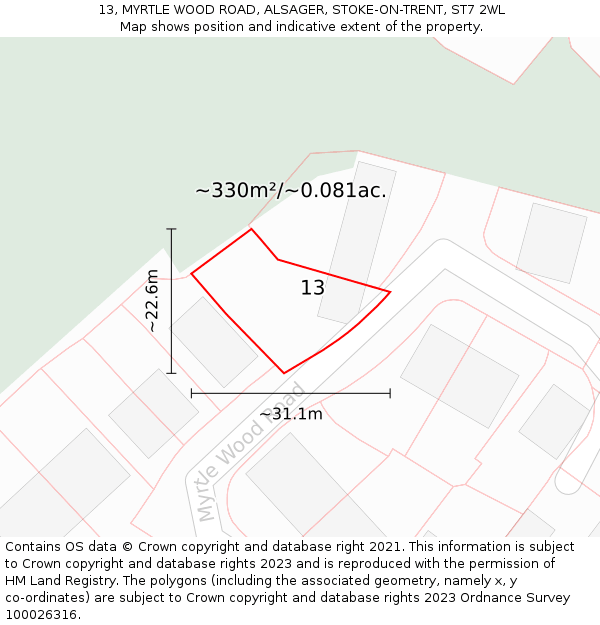 13, MYRTLE WOOD ROAD, ALSAGER, STOKE-ON-TRENT, ST7 2WL: Plot and title map