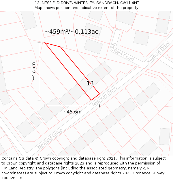13, NESFIELD DRIVE, WINTERLEY, SANDBACH, CW11 4NT: Plot and title map