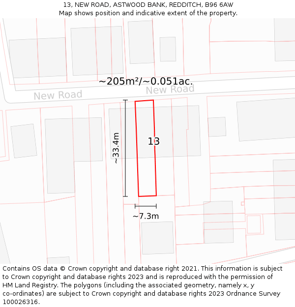 13, NEW ROAD, ASTWOOD BANK, REDDITCH, B96 6AW: Plot and title map