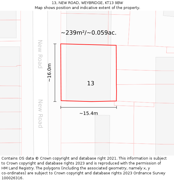 13, NEW ROAD, WEYBRIDGE, KT13 9BW: Plot and title map