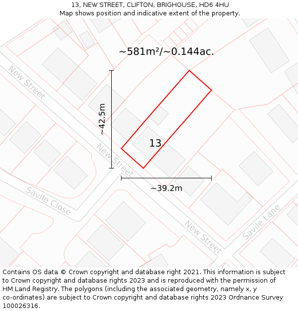 13, NEW STREET, CLIFTON, BRIGHOUSE, HD6 4HU: Plot and title map