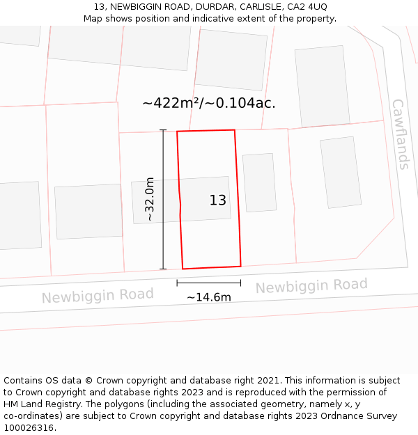 13, NEWBIGGIN ROAD, DURDAR, CARLISLE, CA2 4UQ: Plot and title map