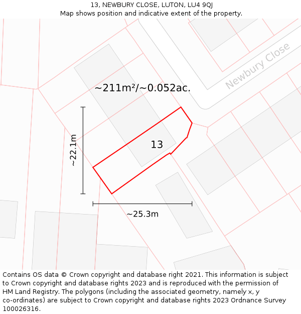 13, NEWBURY CLOSE, LUTON, LU4 9QJ: Plot and title map