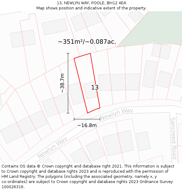 13, NEWLYN WAY, POOLE, BH12 4EA: Plot and title map