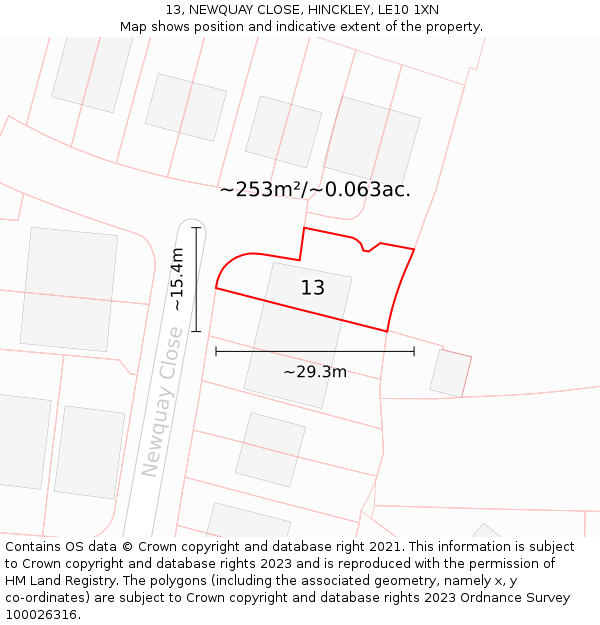 13, NEWQUAY CLOSE, HINCKLEY, LE10 1XN: Plot and title map