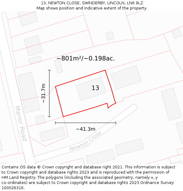 13, NEWTON CLOSE, SWINDERBY, LINCOLN, LN6 9LZ: Plot and title map