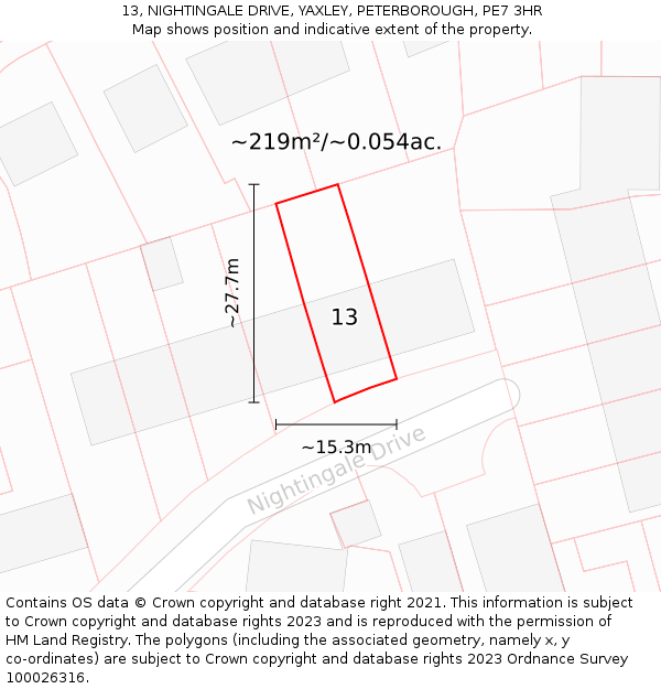 13, NIGHTINGALE DRIVE, YAXLEY, PETERBOROUGH, PE7 3HR: Plot and title map