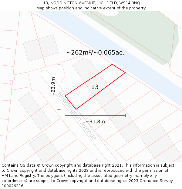 13, NODDINGTON AVENUE, LICHFIELD, WS14 9NQ: Plot and title map