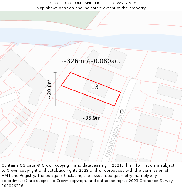 13, NODDINGTON LANE, LICHFIELD, WS14 9PA: Plot and title map