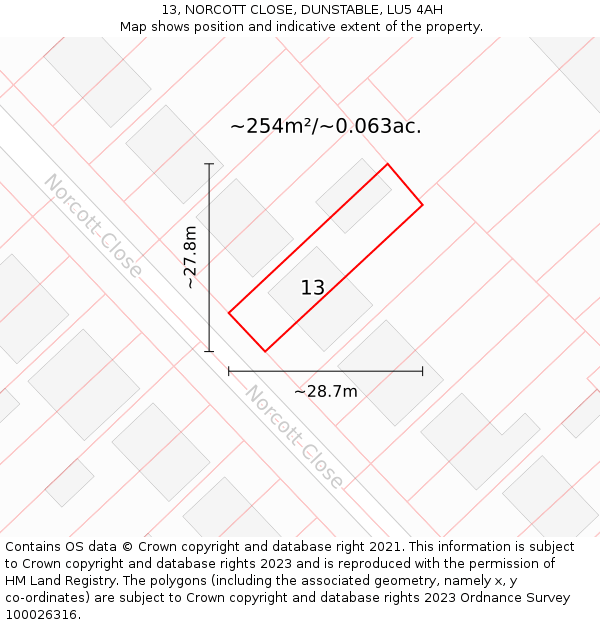 13, NORCOTT CLOSE, DUNSTABLE, LU5 4AH: Plot and title map