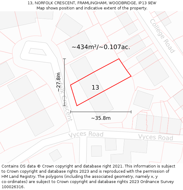 13, NORFOLK CRESCENT, FRAMLINGHAM, WOODBRIDGE, IP13 9EW: Plot and title map