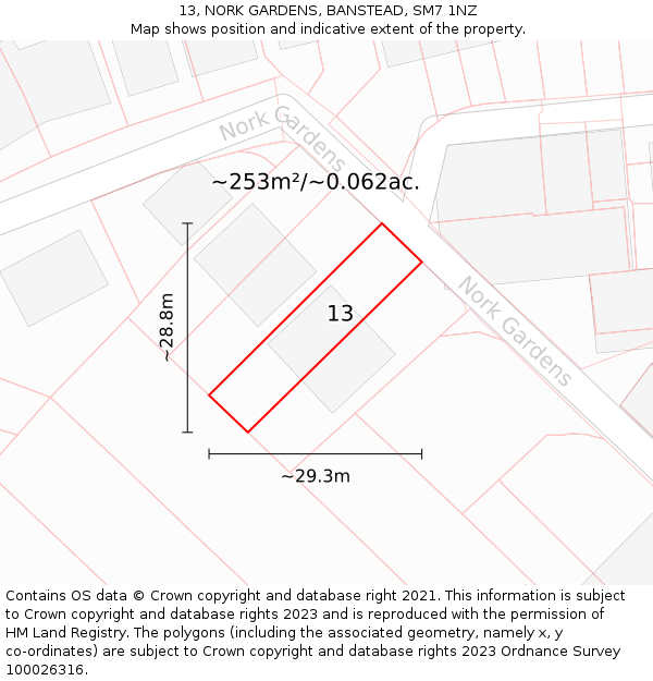 13, NORK GARDENS, BANSTEAD, SM7 1NZ: Plot and title map