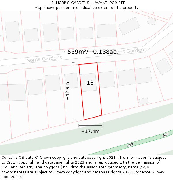 13, NORRIS GARDENS, HAVANT, PO9 2TT: Plot and title map