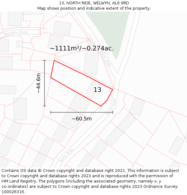 13, NORTH RIDE, WELWYN, AL6 9RD: Plot and title map