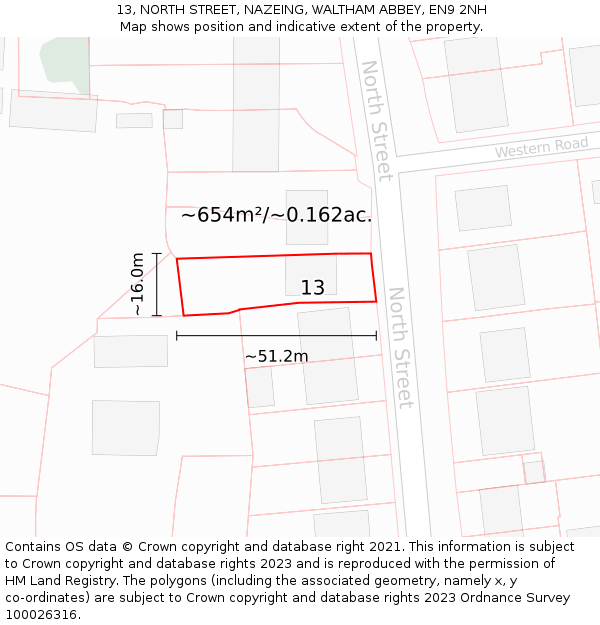 13, NORTH STREET, NAZEING, WALTHAM ABBEY, EN9 2NH: Plot and title map