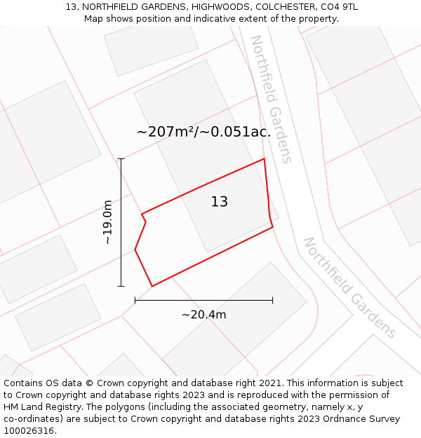 13, NORTHFIELD GARDENS, HIGHWOODS, COLCHESTER, CO4 9TL: Plot and title map