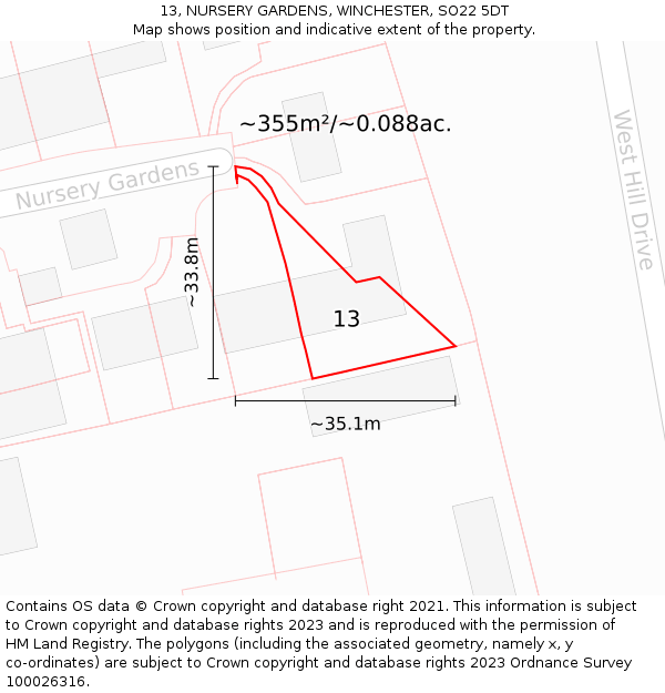 13, NURSERY GARDENS, WINCHESTER, SO22 5DT: Plot and title map