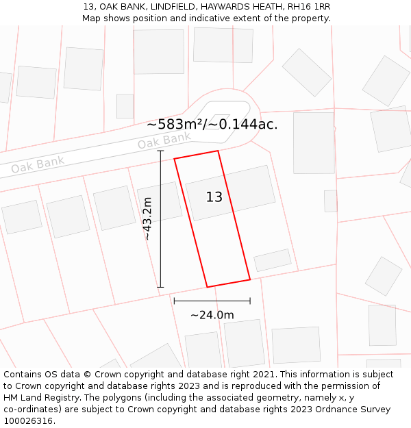 13, OAK BANK, LINDFIELD, HAYWARDS HEATH, RH16 1RR: Plot and title map