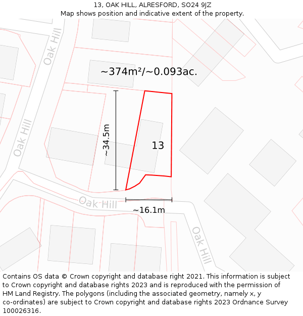 13, OAK HILL, ALRESFORD, SO24 9JZ: Plot and title map