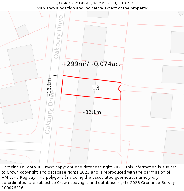 13, OAKBURY DRIVE, WEYMOUTH, DT3 6JB: Plot and title map