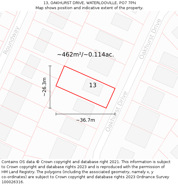 13, OAKHURST DRIVE, WATERLOOVILLE, PO7 7PN: Plot and title map