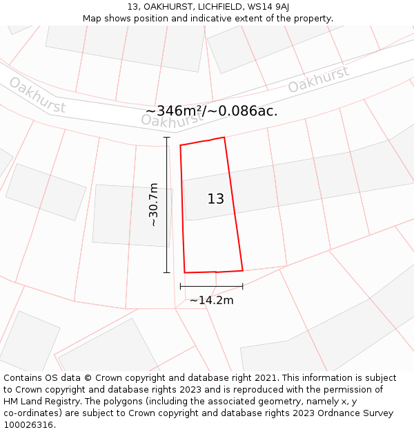 13, OAKHURST, LICHFIELD, WS14 9AJ: Plot and title map