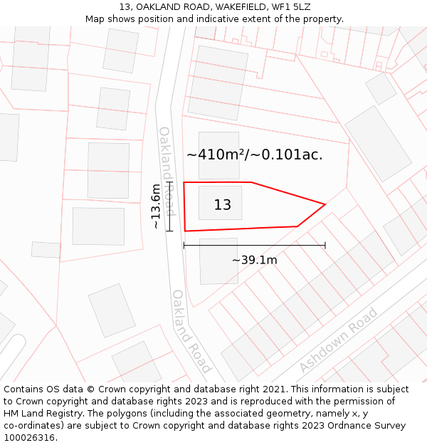 13, OAKLAND ROAD, WAKEFIELD, WF1 5LZ: Plot and title map