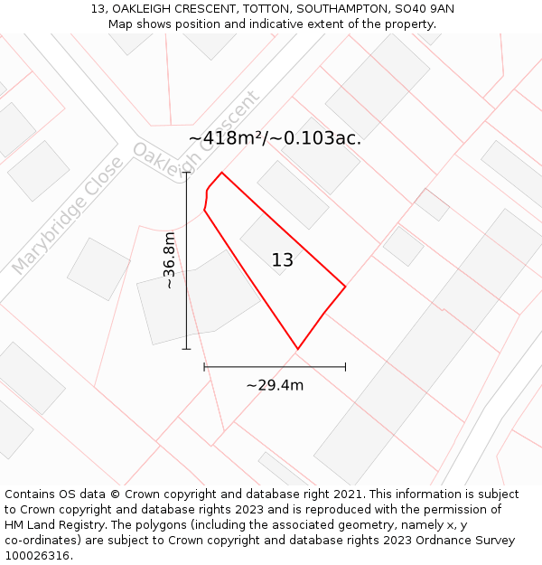 13, OAKLEIGH CRESCENT, TOTTON, SOUTHAMPTON, SO40 9AN: Plot and title map