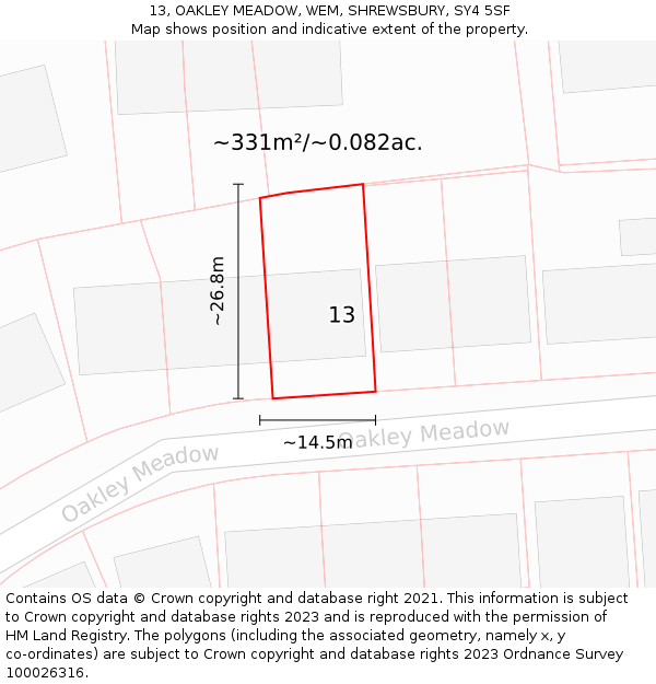13, OAKLEY MEADOW, WEM, SHREWSBURY, SY4 5SF: Plot and title map