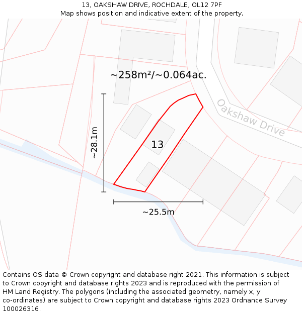 13, OAKSHAW DRIVE, ROCHDALE, OL12 7PF: Plot and title map