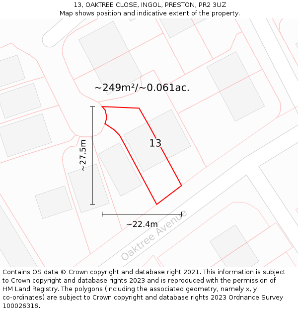 13, OAKTREE CLOSE, INGOL, PRESTON, PR2 3UZ: Plot and title map