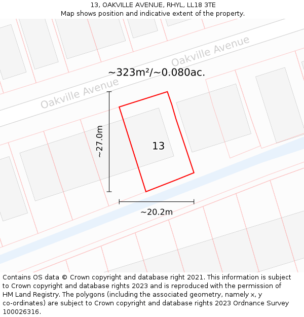 13, OAKVILLE AVENUE, RHYL, LL18 3TE: Plot and title map