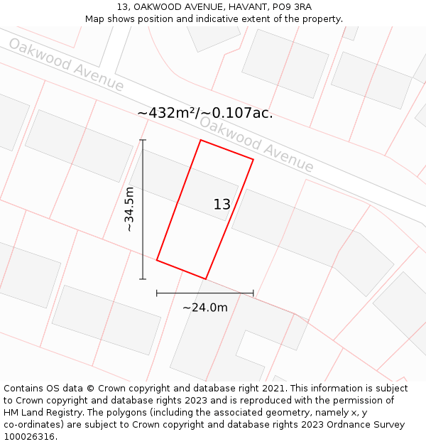 13, OAKWOOD AVENUE, HAVANT, PO9 3RA: Plot and title map