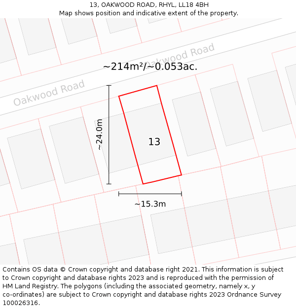 13, OAKWOOD ROAD, RHYL, LL18 4BH: Plot and title map