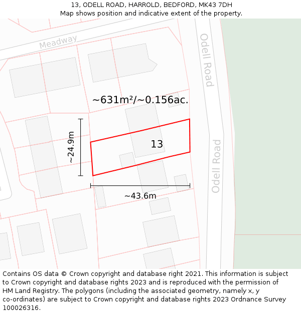 13, ODELL ROAD, HARROLD, BEDFORD, MK43 7DH: Plot and title map