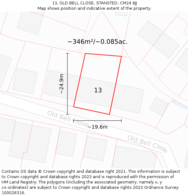 13, OLD BELL CLOSE, STANSTED, CM24 8JJ: Plot and title map