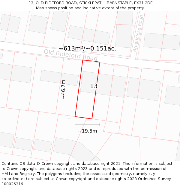 13, OLD BIDEFORD ROAD, STICKLEPATH, BARNSTAPLE, EX31 2DE: Plot and title map