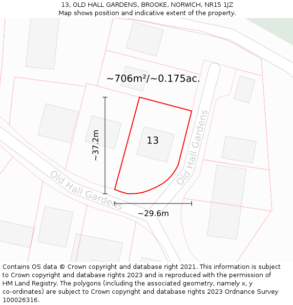 13, OLD HALL GARDENS, BROOKE, NORWICH, NR15 1JZ: Plot and title map