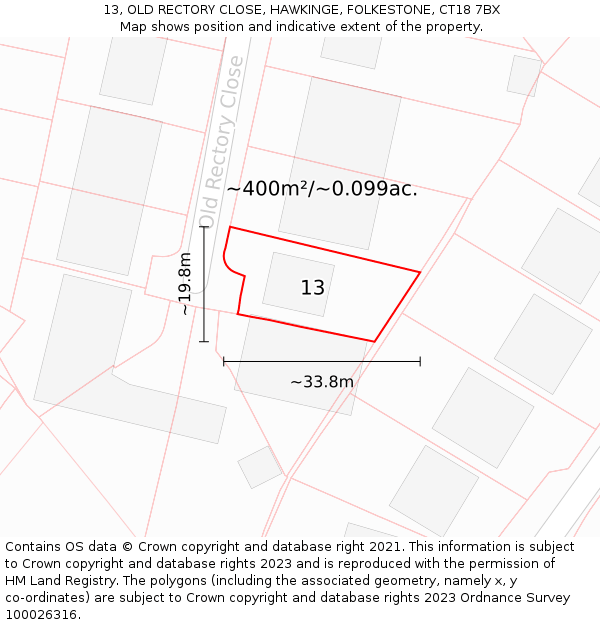 13, OLD RECTORY CLOSE, HAWKINGE, FOLKESTONE, CT18 7BX: Plot and title map