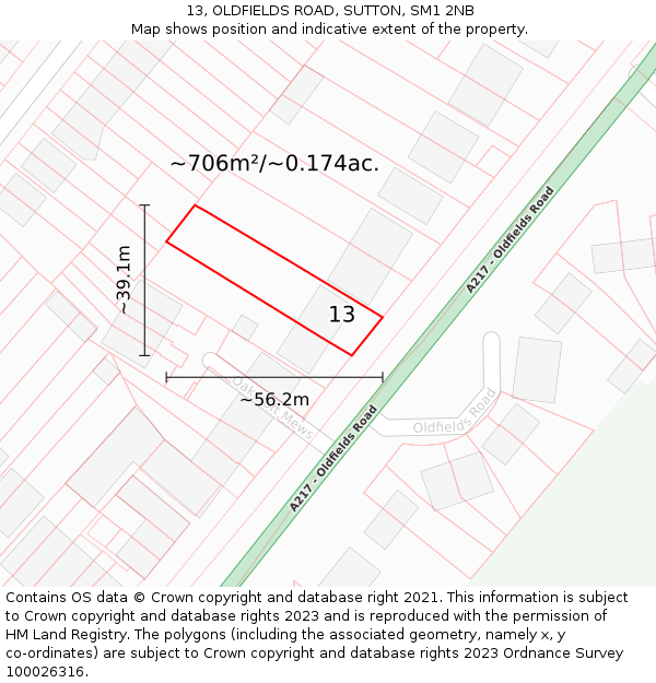 13, OLDFIELDS ROAD, SUTTON, SM1 2NB: Plot and title map