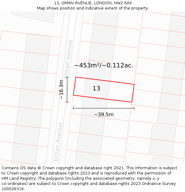 13, OMAN AVENUE, LONDON, NW2 6AX: Plot and title map