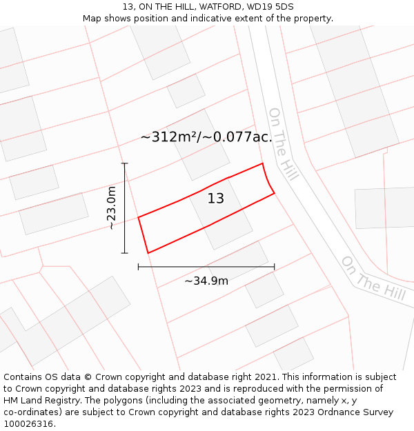 13, ON THE HILL, WATFORD, WD19 5DS: Plot and title map