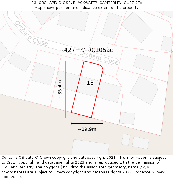 13, ORCHARD CLOSE, BLACKWATER, CAMBERLEY, GU17 9EX: Plot and title map